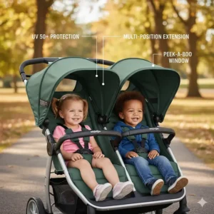Two children sitting under the UV 50+ adjustable canopies of a Baby Jogger double stroller.