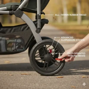 Close-up of the durable all-terrain wheels and suspension system on a Baby Jogger double stroller.