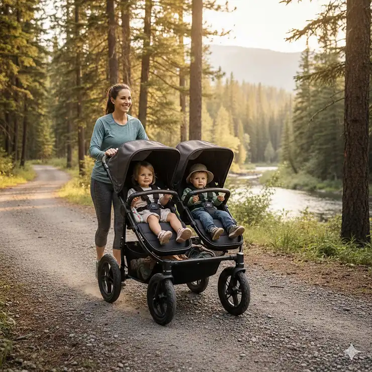 A side view of a high-performance all-terrain double stroller being pushed on a scenic gravel path. all terrain double stroller