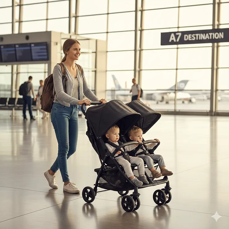 A lightweight double stroller for travel being pushed through an airport terminal by a parent.