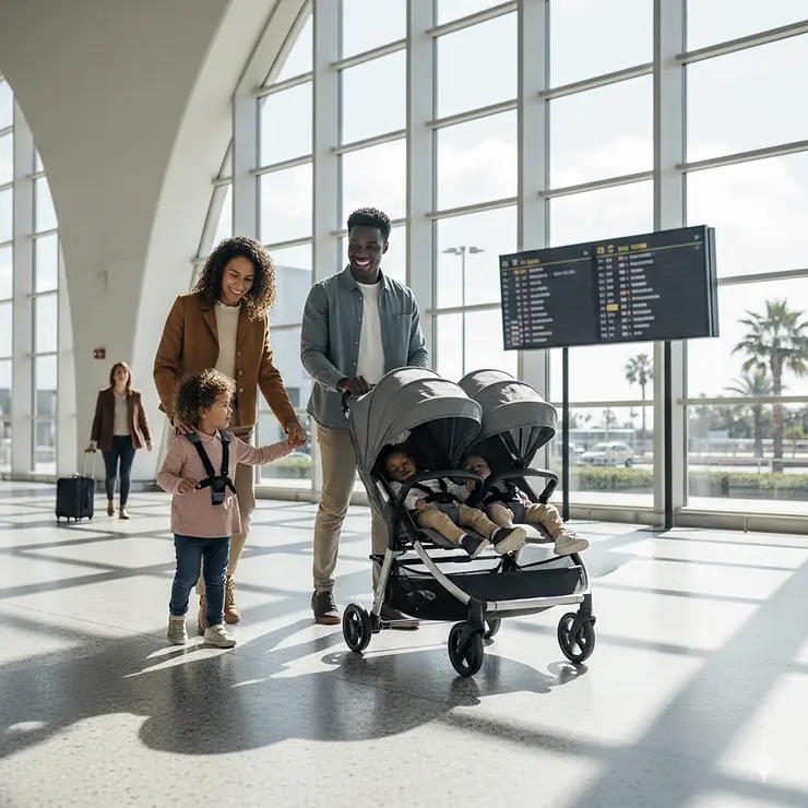 A family pushing a lightweight side-by-side double stroller through a modern airport terminal. double stroller for international travel