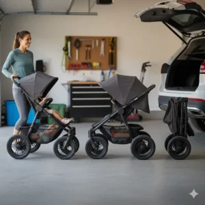 A diagram showing how an all-terrain double stroller folds down for compact storage in a car trunk.