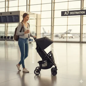 Illustration showing the one-hand compact fold feature of a double stroller for travel.
