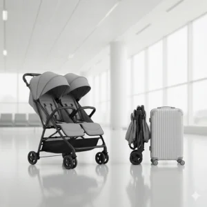 Side-by-side view of an affordable double stroller folded compactly next to a suitcase.