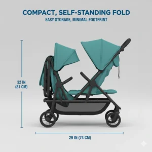 Illustration of a double stroller for tall parents folded down to show its storage footprint.