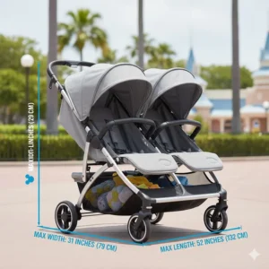 Diagram showing a double stroller meeting the 31-inch width and 52-inch length Disney World size requirements.