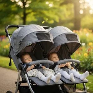 Two toddlers napping in the fully reclined independent seats of a double travel stroller.