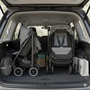 Comparison of a folded tandem stroller vs. a folded side-by-side stroller inside a standard SUV trunk.