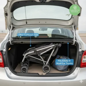 An affordable travel double stroller fitting easily into the trunk of a small sedan.