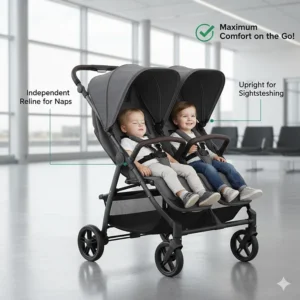 Illustration of independent reclining seats on an affordable travel double stroller for napping on the go.
