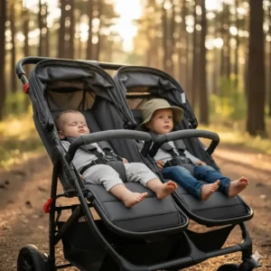 Illustration of the independent reclining seats and adjustable footrests on a side-by-side double stroller.
