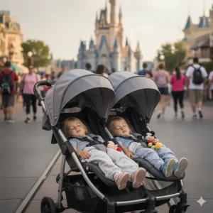 Two children napping comfortably in a double stroller with independent deep-recline seats during a Disney park day.