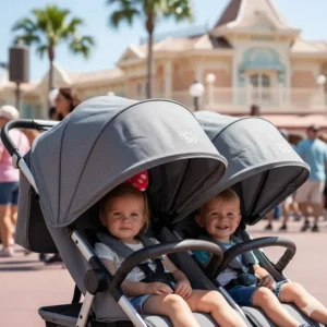 Close-up of extra-large UPF 50+ sun canopies on a double stroller providing full coverage for two toddlers.