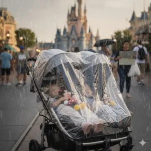 A clear plastic rain cover fitted over a double stroller to protect children during a Florida afternoon rain shower.