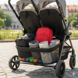 The under-seat storage basket of a travel double stroller filled with diaper bags and tourist essentials.