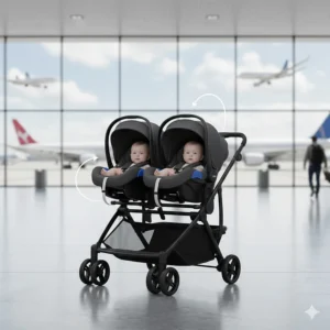 A double stroller travel system illustration showing two infant car seats attached to a single frame.