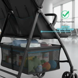 Close-up illustration of the large underseat storage basket on an affordable twin stroller.