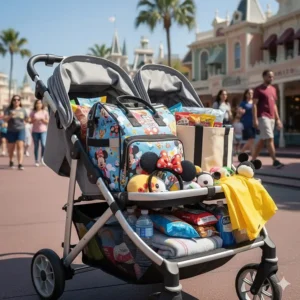 The large under-seat storage basket of a double stroller packed with diaper bags, snacks, and Disney souvenirs.