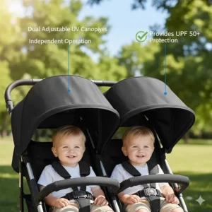 Dual adjustable sun canopies on an affordable travel stroller providing UV protection for two toddlers.