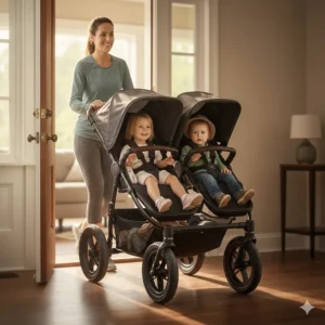 A graphic showing the slim-width design of an all-terrain double stroller fitting through a standard doorway.