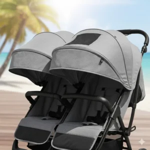 Close-up of a double stroller featuring extended UPF 50 sun canopies for vacation weather protection.