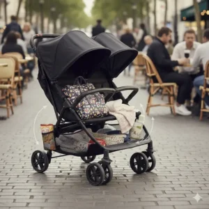 Close-up illustration of the large under-seat storage basket on a double travel stroller filled with diaper bags.
