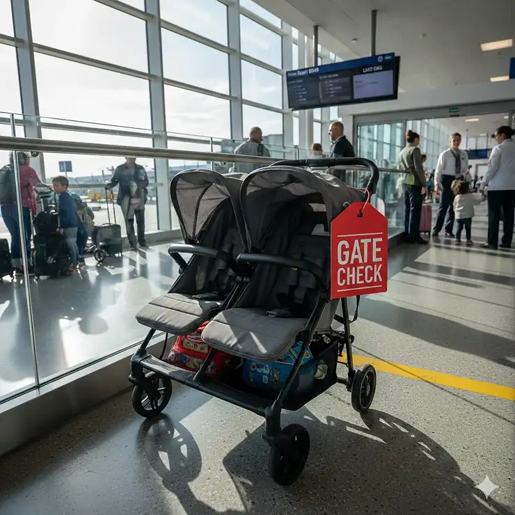 A side-by-side double stroller with a gate check tag attached, parked at an airport boarding gate. gate check double stroller