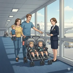 Illustration of parents leaving a double stroller at the end of the jet bridge before boarding a plane.