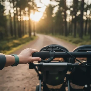 A close-up of the hand-operated deceleration brake on the handlebar of an all-terrain double jogger.