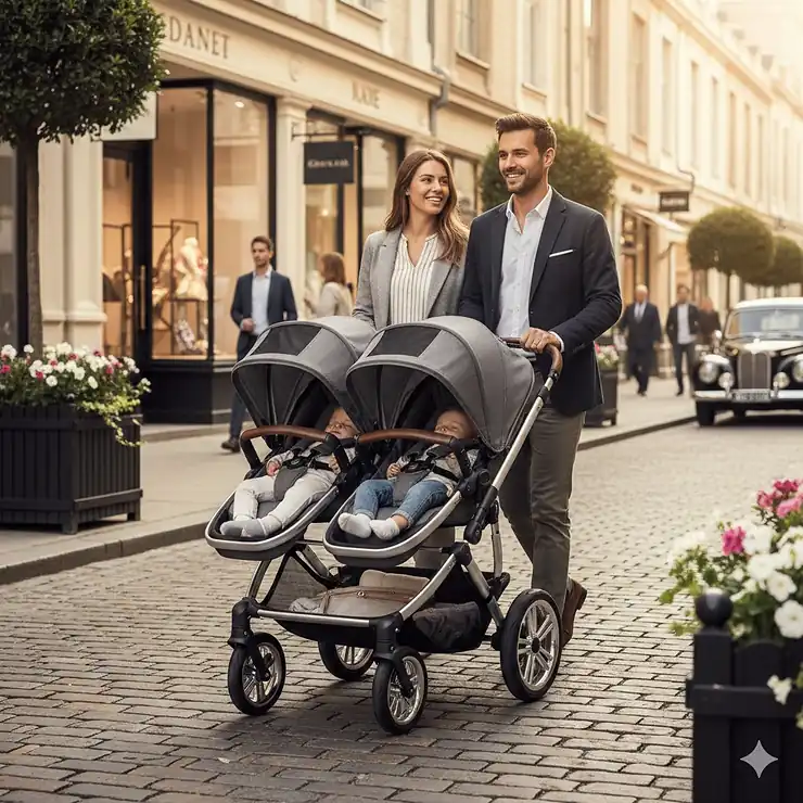A premium luxury double stroller with leather accents being pushed through a high-end urban shopping district.