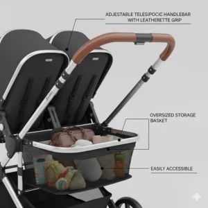 Illustration highlighting the oversized under-seat storage basket of a designer double stroller.