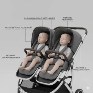 Close-up of the 5-point safety harness and plush padded seating in a luxury double stroller.