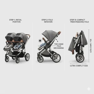 Illustration of dual extendable UPF 50+ sun canopies on a high-end double stroller.
