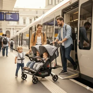 A parent easily steering a lightweight double stroller onto a city bus or train during an international trip.