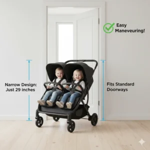 A top-down illustration showing an affordable double stroller easily fitting through a standard doorway.