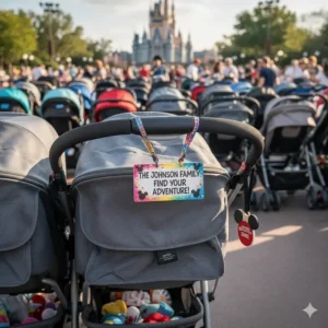 A bright, personalized name tag attached to a double stroller handle to help find it quickly in Disney stroller parking.
