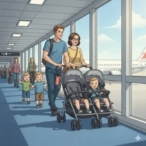 Illustration of a double stroller waiting for parents on the jet bridge after a flight.