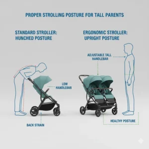 Comparison of a parent hunching over a standard stroller versus standing upright with a tall-friendly double stroller.