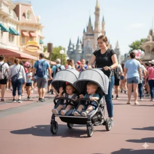 A slim side-by-side double stroller navigating through a crowded walkway in a theme park.
