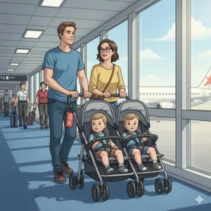 A lightweight side-by-side double stroller being wheeled through an airport terminal.