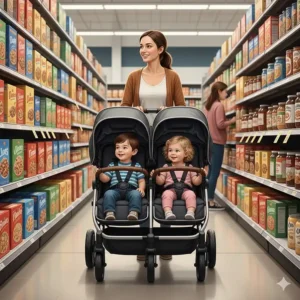 Illustration of a side-by-side double stroller taking up most of the width in a standard retail store aisle.