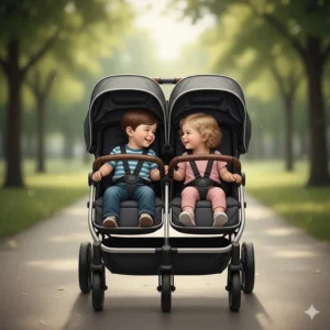Two toddlers interacting and holding hands while sitting in a side-by-side double stroller.