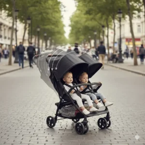 Illustration of a side-by-side double stroller for travel with adjustable reclining seats and sun canopies.