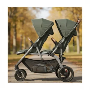 Side profile of a Baby Jogger double stroller showing the reclining seats and large storage basket.