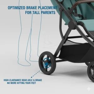 Close-up illustration of a high-clearance rear axle and foot brake designed for long strides.
