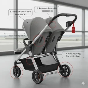 Diagram showing where to add padding when preparing a double stroller for gate check.