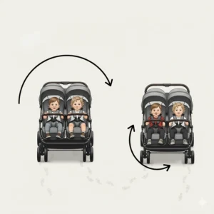 Overhead diagram comparing the long turning arc of a tandem stroller versus the tight pivot of a side-by-side model.