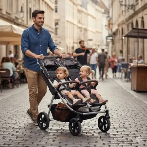 An in-line tandem double stroller being pushed along a busy cobblestone street.