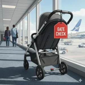 An inline or tandem double stroller folded and ready for gate checking at the jet bridge.