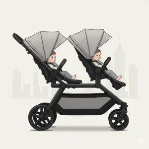 Illustration of a tandem double stroller showing one seat positioned directly behind the other in a narrow frame.